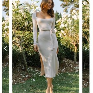 NEW WITH TAGS- LONG SLEEVE WAIST TIE RIBBED MIDI DRESS BEIGE